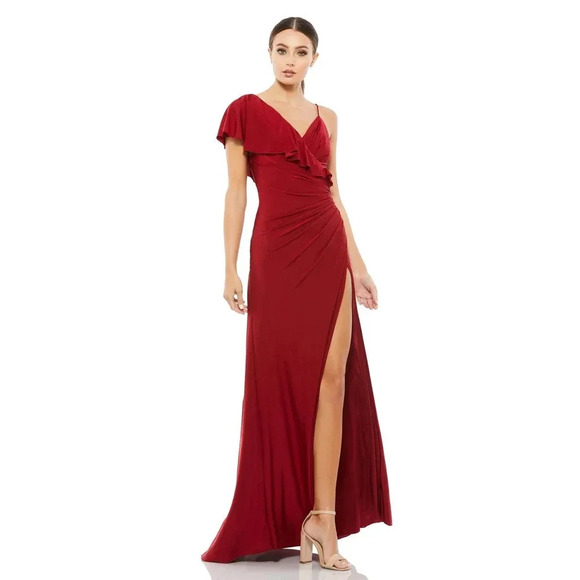 Holiday leena For Mac Duggal Asymmetric V-Neck Ruffled Gown Wine Size 4 NWT - Picture 1 of 9